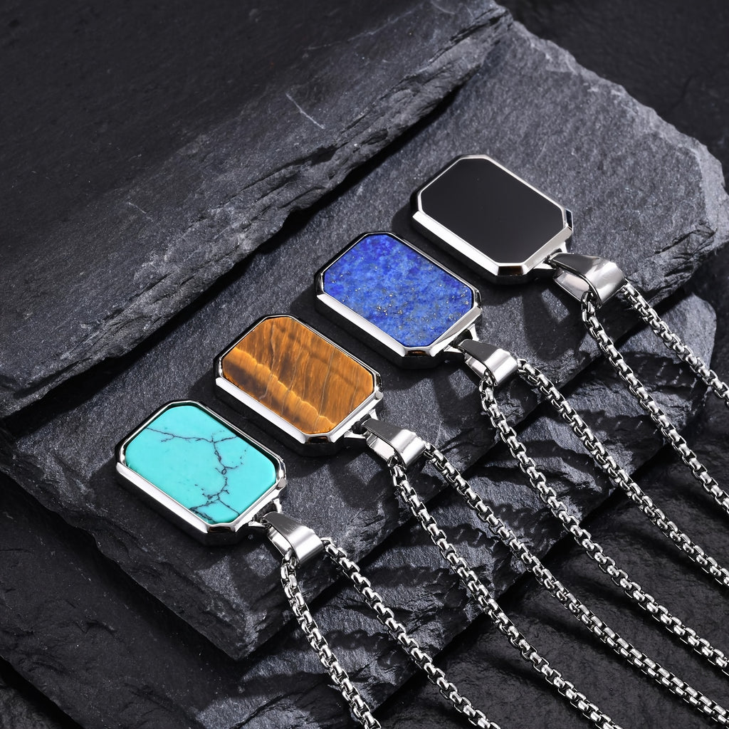 *Men’s 3D Rectangular Natural Stone Pendant Necklace – Green & Brown Geometric Stainless Steel Jewelry | Fashion Gift for Him