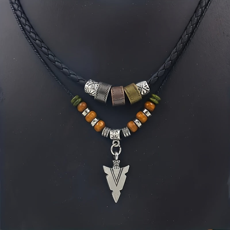 Men’s Vintage Tribal Arrow Necklace – Layered Synthetic Leather Cord Pendant, February Birthstone Valentine’s Gift
