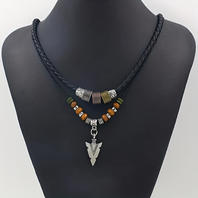 Men’s Vintage Tribal Arrow Necklace – Layered Synthetic Leather Cord Pendant, February Birthstone Valentine’s Gift