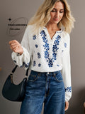 French Style Embroidered White Cotton Shirt for Women | Breathable Long Sleeve Casual Blouse