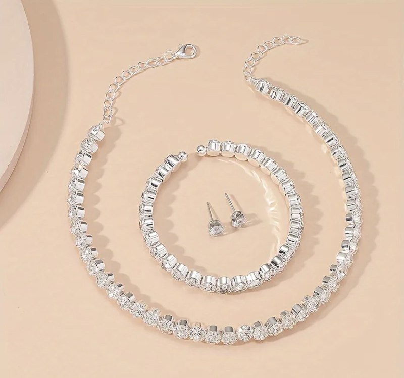 *Luxury Rhinestone Bridal Jewelry Set – 3 Piece Necklace, Earring; Bracelet Set – 14K Gold Plated Wedding Jewelry for Brides