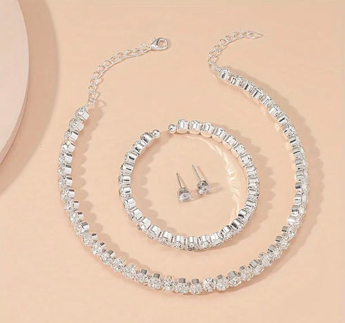 *Luxury Rhinestone Bridal Jewelry Set – 3 Piece Necklace, Earring; Bracelet Set – 14K Gold Plated Wedding Jewelry for Brides