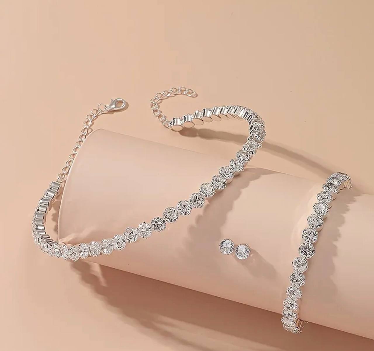 *Luxury Rhinestone Bridal Jewelry Set – 3 Piece Necklace, Earring; Bracelet Set – 14K Gold Plated Wedding Jewelry for Brides