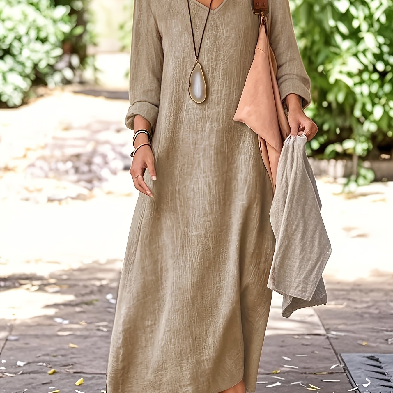 Linen V Neck Dress Women | Spring Autumn Long Sleeve Casual Vacation Dress Elegant A-Line