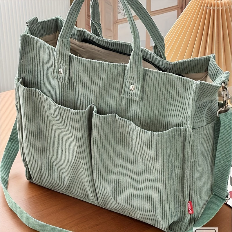 Japanese Style Corduroy Tote Bag with Multiple Pockets – Large Capacity Casual Commuter Shoulder Bag for Autumn, Winter
