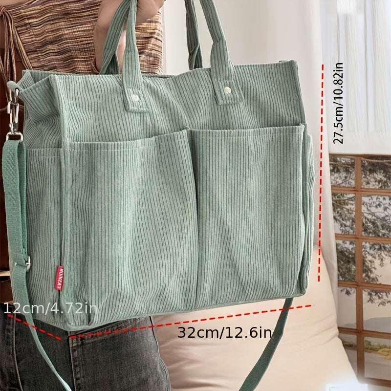 Japanese Style Corduroy Tote Bag with Multiple Pockets – Large Capacity Casual Commuter Shoulder Bag for Autumn, Winter
