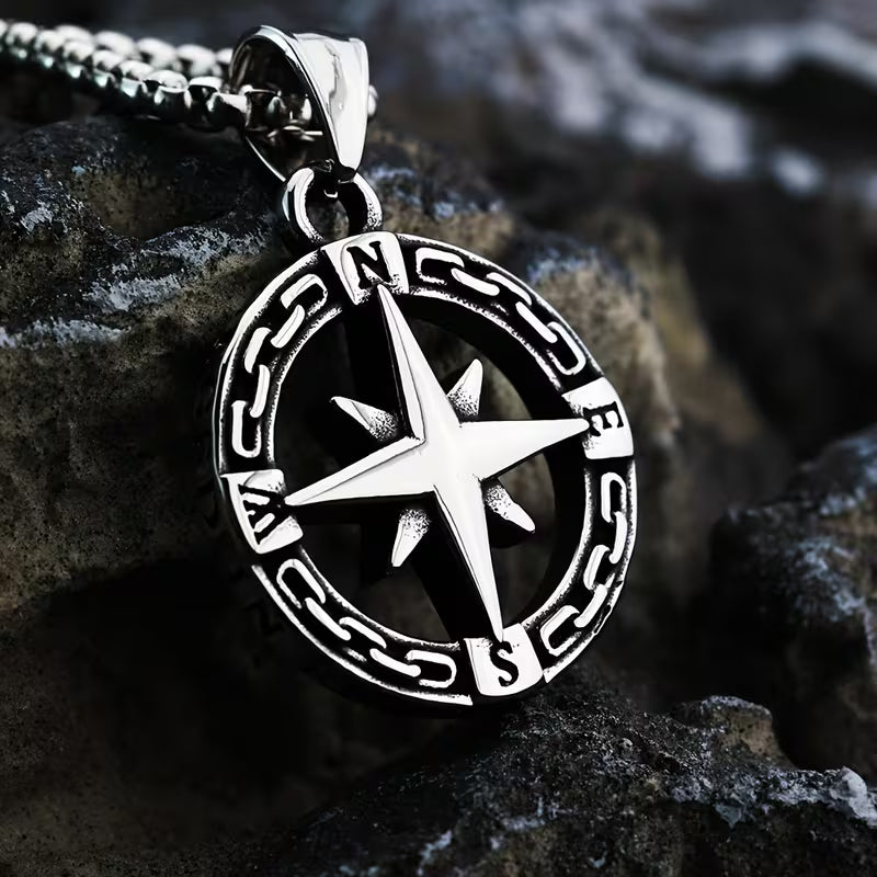 *316L Stainless Steel Compass Pendant Necklace – Titanium Steel Nautical Star Chain for Men & Women