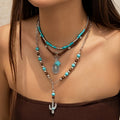 3PCS Retro Turquoise Beaded Sweater Necklace Set – Boho Vintage Brown Velvet Layered Necklace Jewelry for Women
