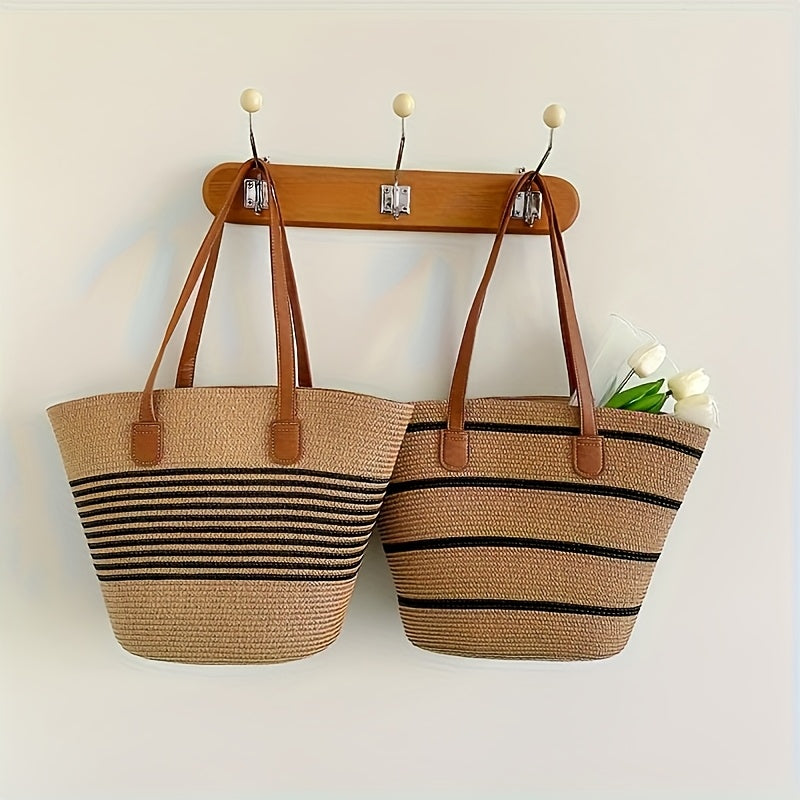 Large Capacity Straw Beach Bag – Handwoven Striped Summer Tote Bag for Vacation & Travel