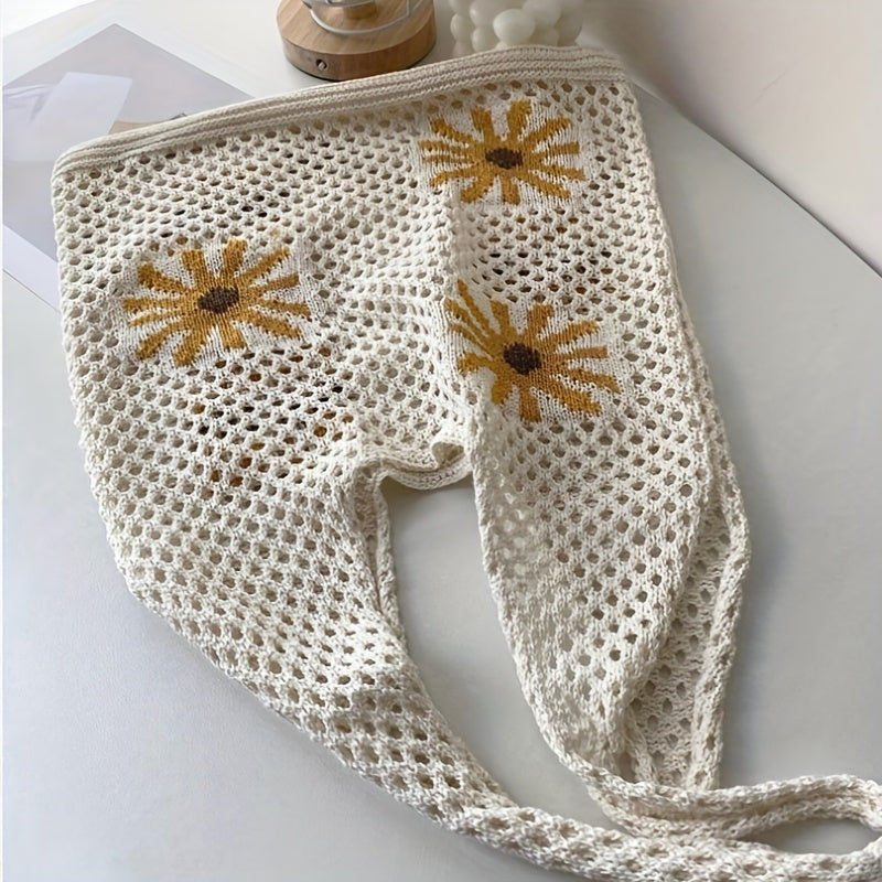 *Knitted Chrysanthemum Pattern Shoulder Bag – Jacquard Woven Floral Tote Bag for Women Casual Boho Style