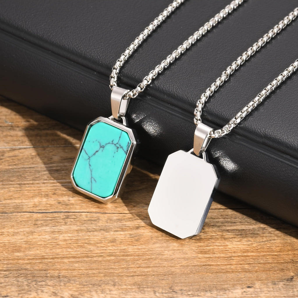 *Men’s 3D Rectangular Natural Stone Pendant Necklace – Green & Brown Geometric Stainless Steel Jewelry | Fashion Gift for Him