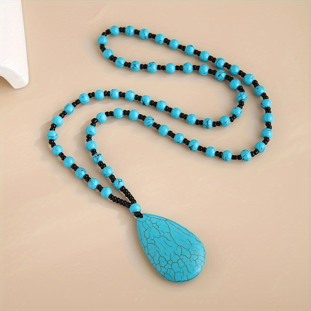 Vintage Bohemian Turquoise Teardrop Necklace – Handmade Natural Stone Short Collarbone Chain for Women