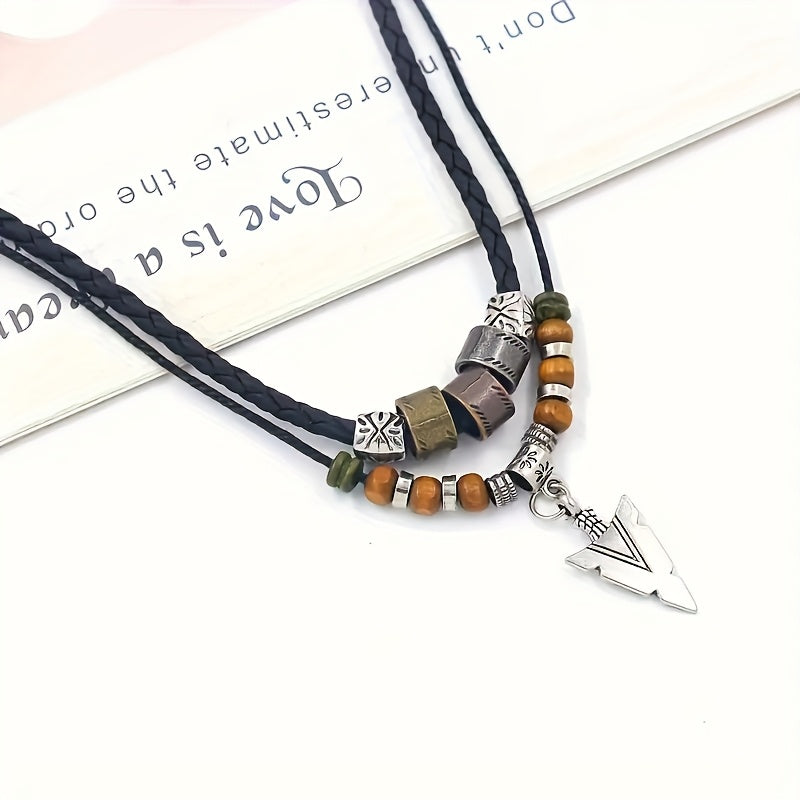 Men’s Vintage Tribal Arrow Necklace – Layered Synthetic Leather Cord Pendant, February Birthstone Valentine’s Gift