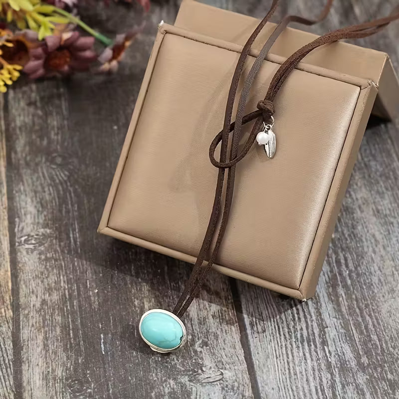 Ethnic Style Vintage Round Pendant Necklace for Women Bohemian Style Beaded Leather Cord Party Birthday