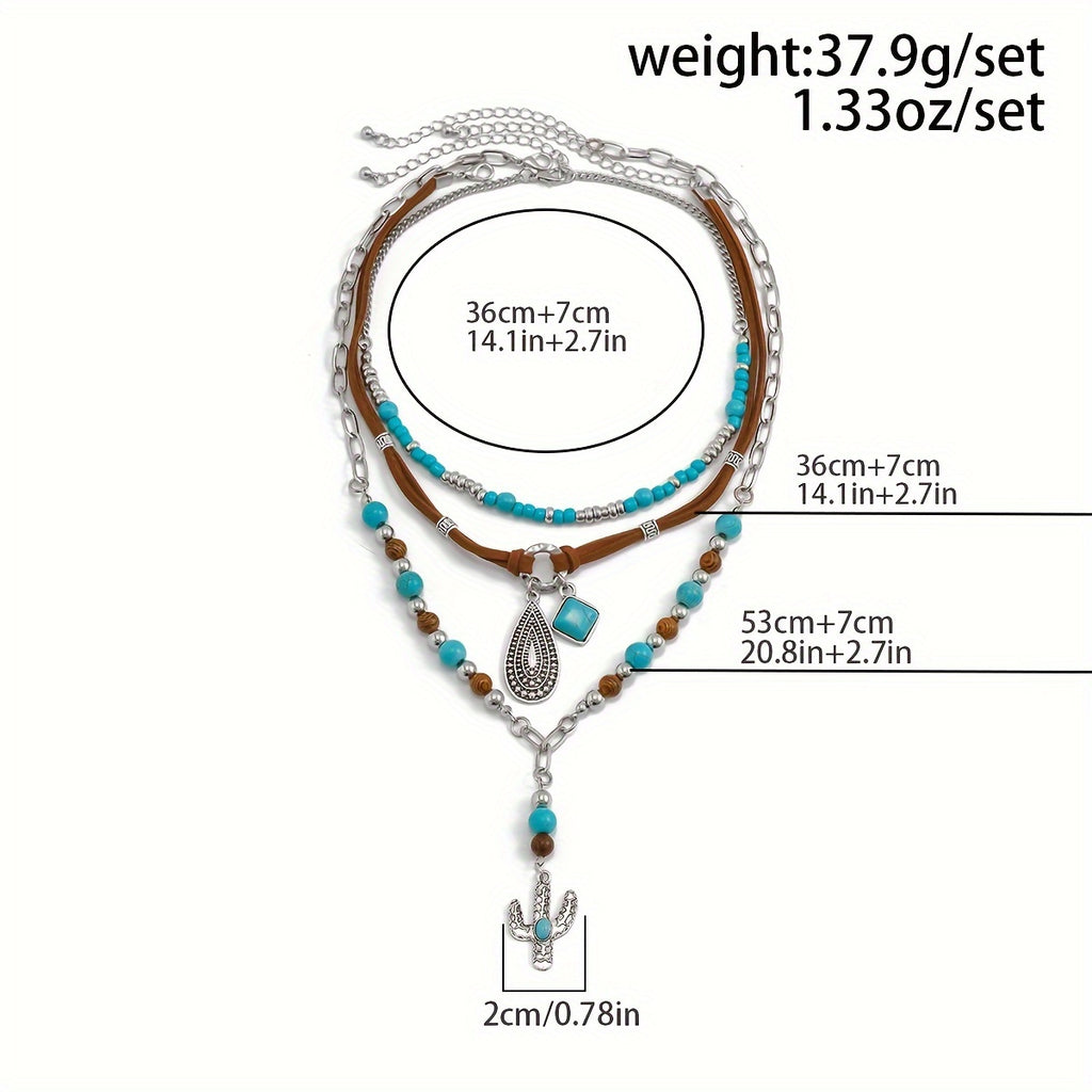 3PCS Retro Turquoise Beaded Sweater Necklace Set – Boho Vintage Brown Velvet Layered Necklace Jewelry for Women
