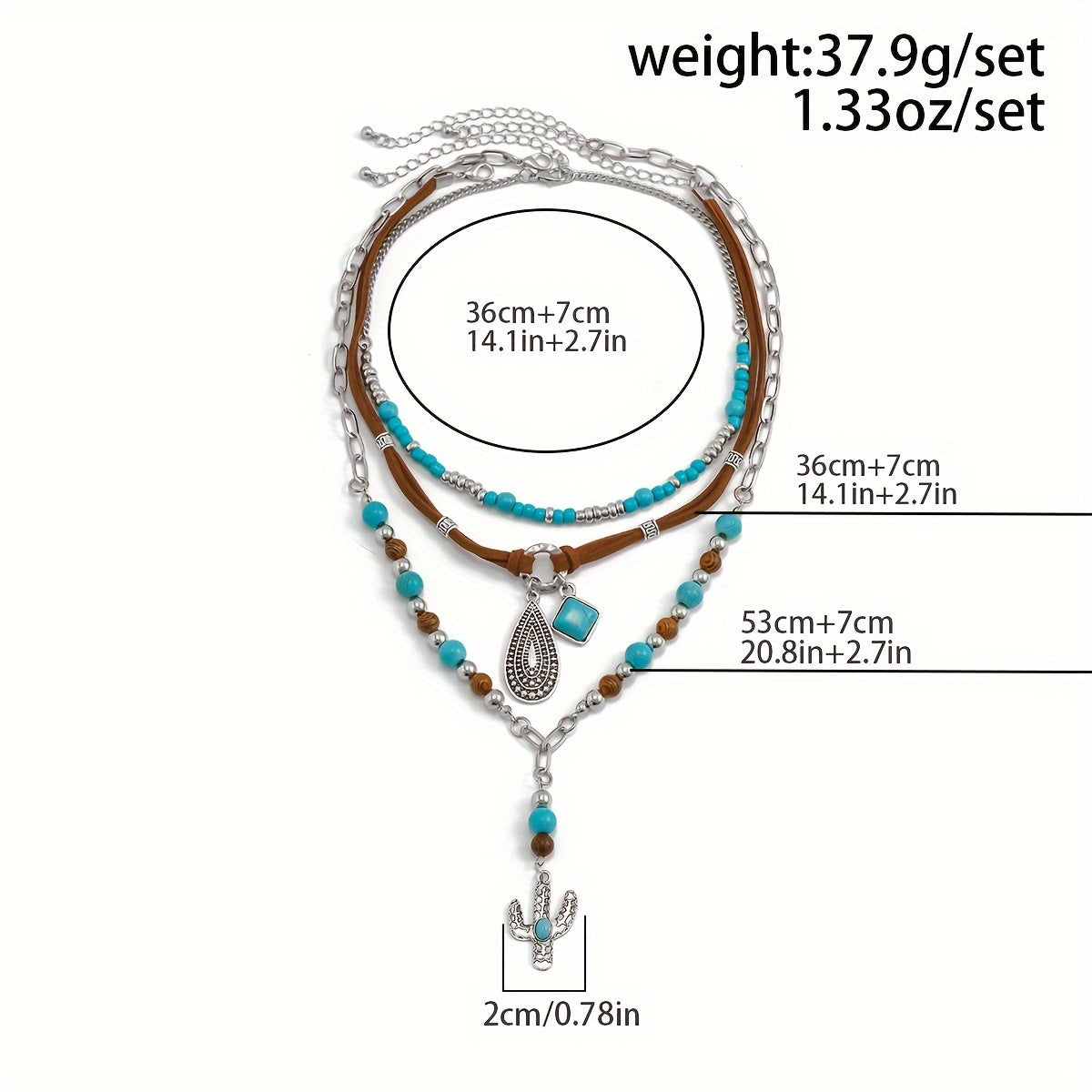 3PCS Retro Turquoise Beaded Sweater Necklace Set – Boho Vintage Brown Velvet Layered Necklace Jewelry for Women