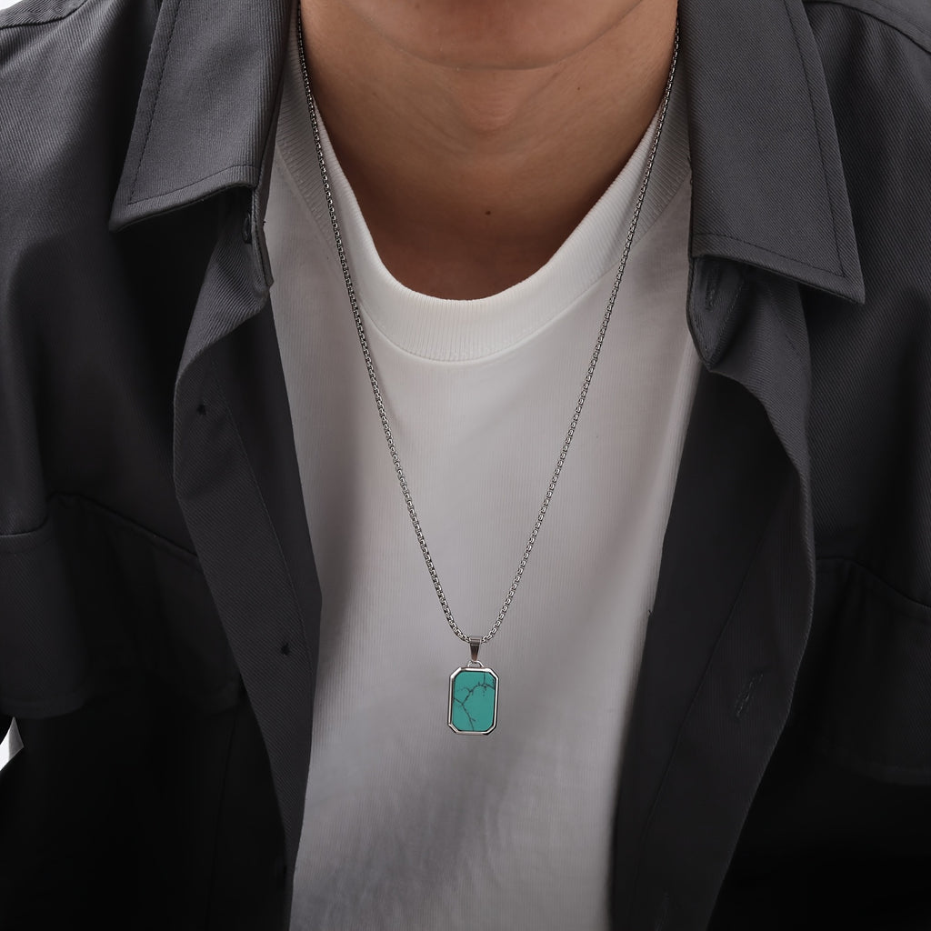 *Men’s 3D Rectangular Natural Stone Pendant Necklace – Green & Brown Geometric Stainless Steel Jewelry | Fashion Gift for Him