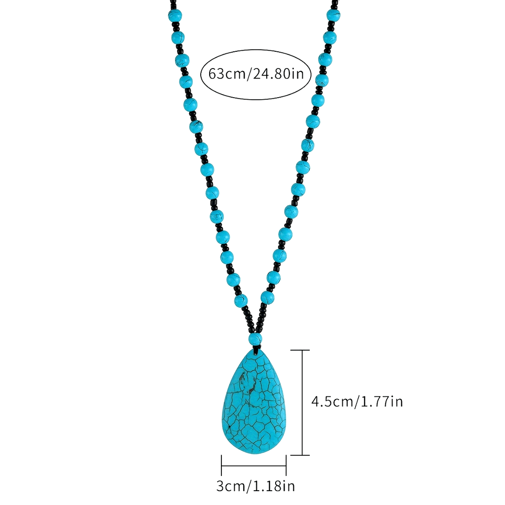 Vintage Bohemian Turquoise Teardrop Necklace – Handmade Natural Stone Short Collarbone Chain for Women