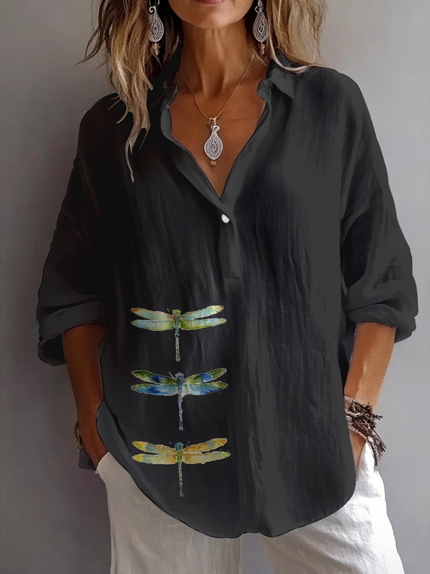 Women’s Cotton Dragonfly Cardigan Top – Button Front Loose Fit Casual Lightweight Knit for All Seasons