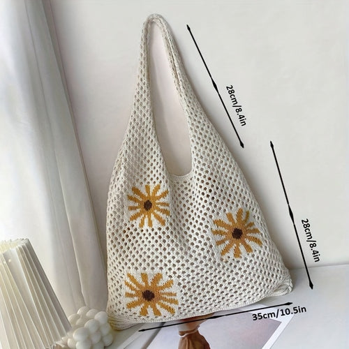 *Knitted Chrysanthemum Pattern Shoulder Bag – Jacquard Woven Floral Tote Bag for Women Casual Boho Style