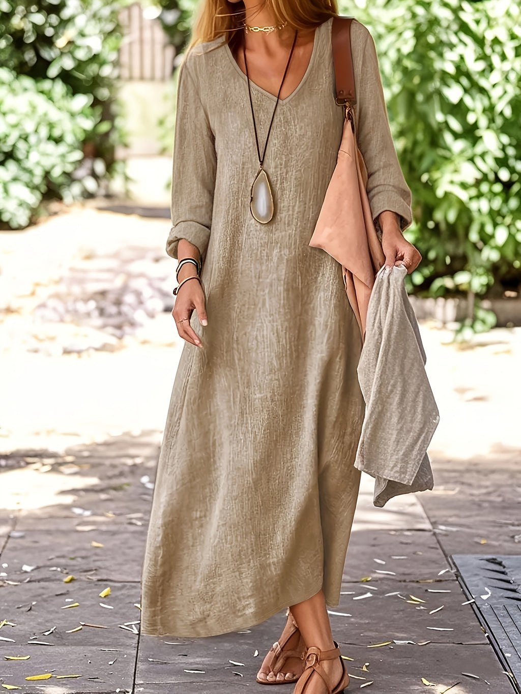 Linen V Neck Dress Women | Spring Autumn Long Sleeve Casual Vacation Dress Elegant A-Line