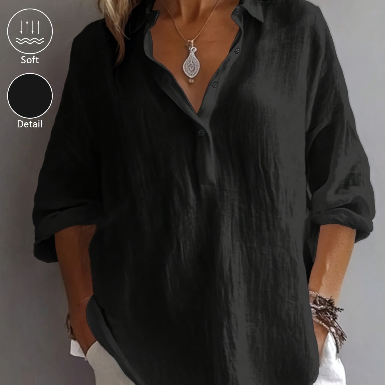 Women’s Classic Cotton Shirt – 3/4 Sleeve Button-Up Lapel Collar Blouse for Office & Casual Wear