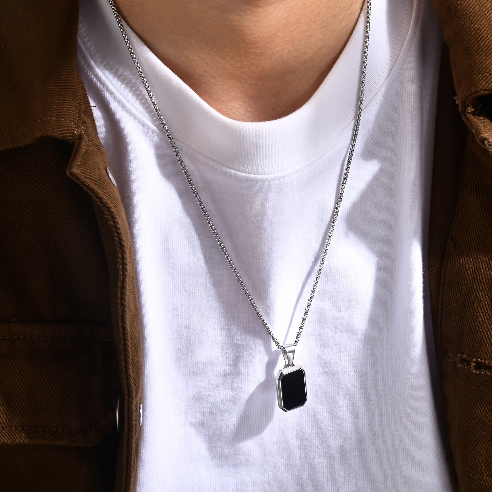 *Men’s 3D Rectangular Natural Stone Pendant Necklace – Green & Brown Geometric Stainless Steel Jewelry | Fashion Gift for Him