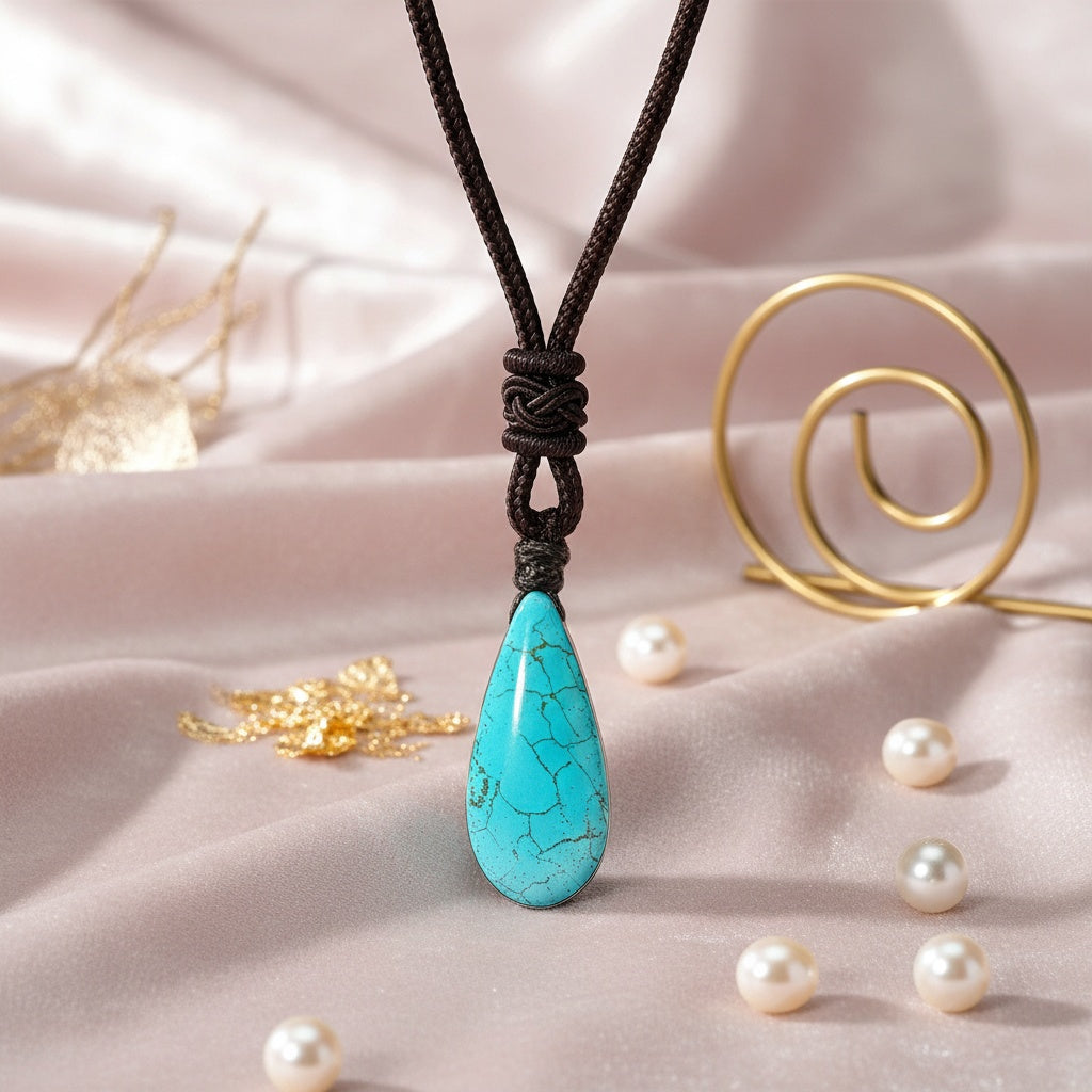 Teardrop Turquoise Necklace – Natural Stone Boho Pendant | Lucky Water Drop Sweater Chain for Women