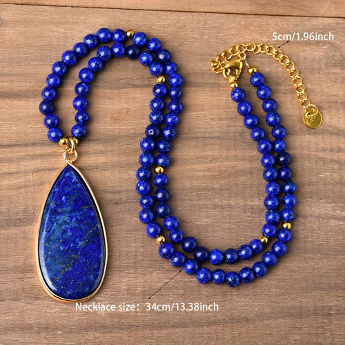 Bohemian Natural Lapis Lazuli Beaded Necklace with Teardrop Pendant – Elegant Boho Stone Necklace for Women