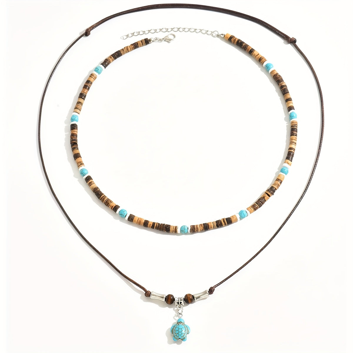 Men’s Bohemian Turtle Beaded Necklace Set (2pcs) – Wooden Beads with Turquoise; Coral Accents, December Birthstone Gift Jewelry