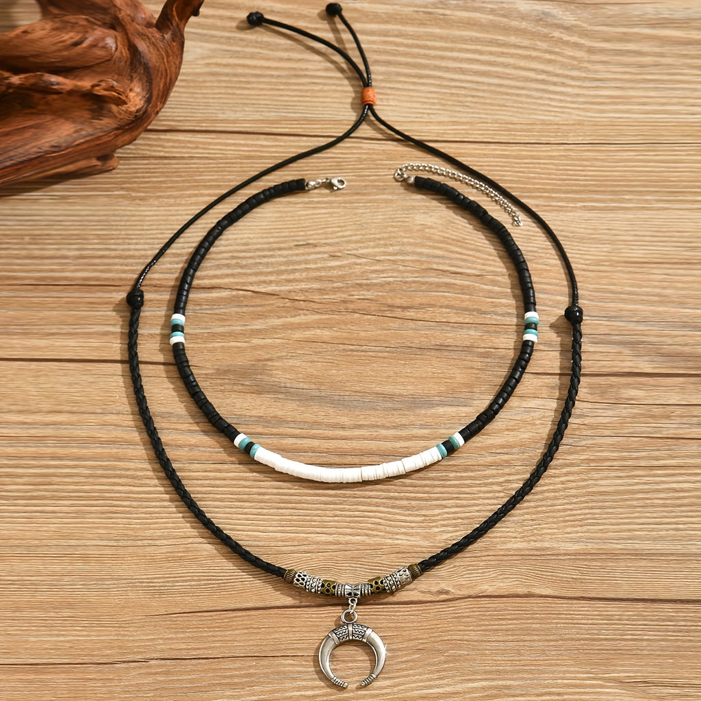 2PCS Men’s Crescent Moon Wooden Bead Necklace Set – Trendy Boho Moon Pendant Style Wood Bead Fashion Necklace