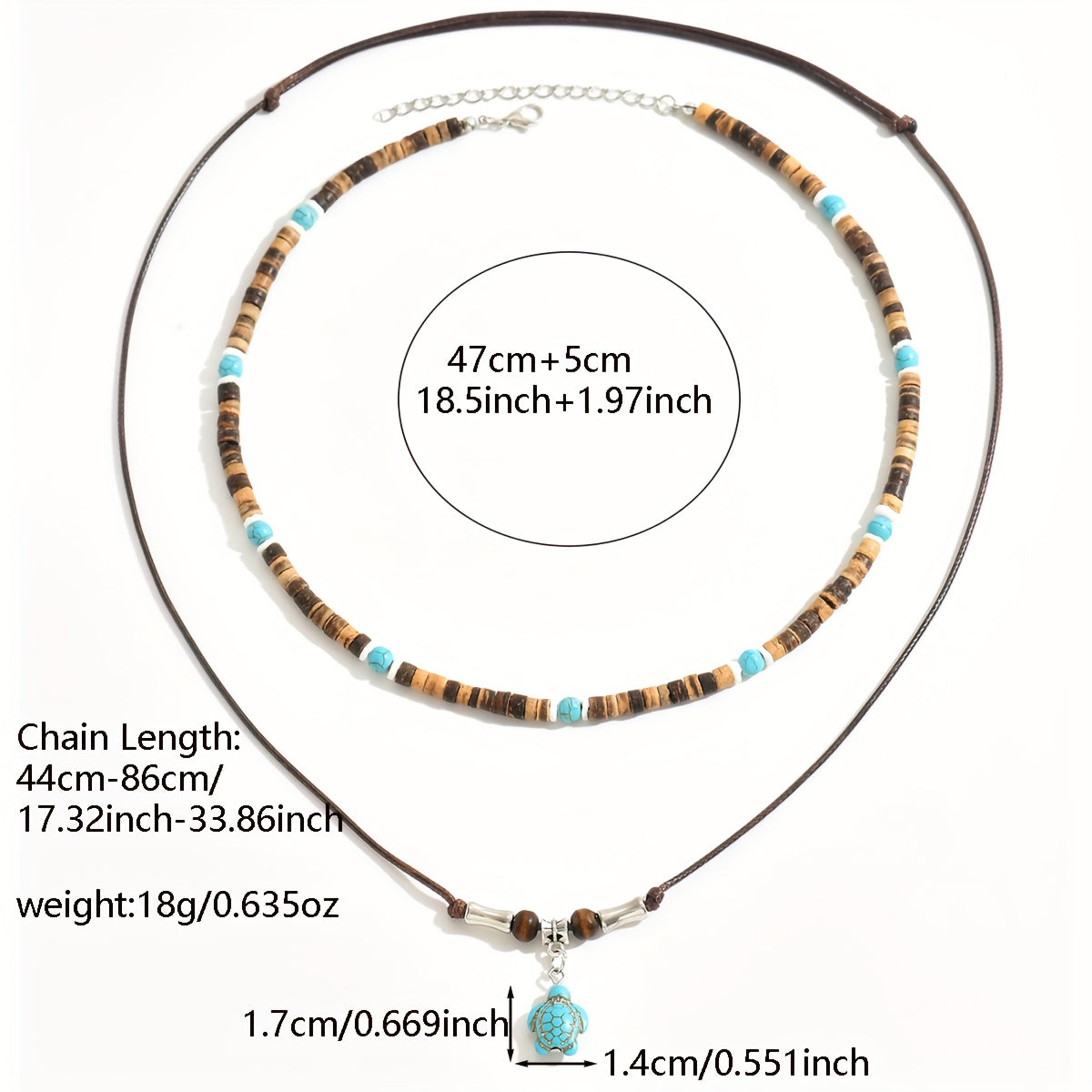 Men’s Bohemian Turtle Beaded Necklace Set (2pcs) – Wooden Beads with Turquoise; Coral Accents, December Birthstone Gift Jewelry