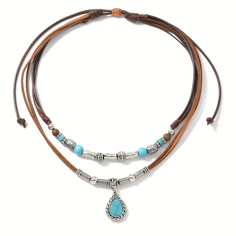 Bohemian Turquoise Multi-Layer Necklace with Braided PU Cord – Women’s Alloy Pendant Jewelry