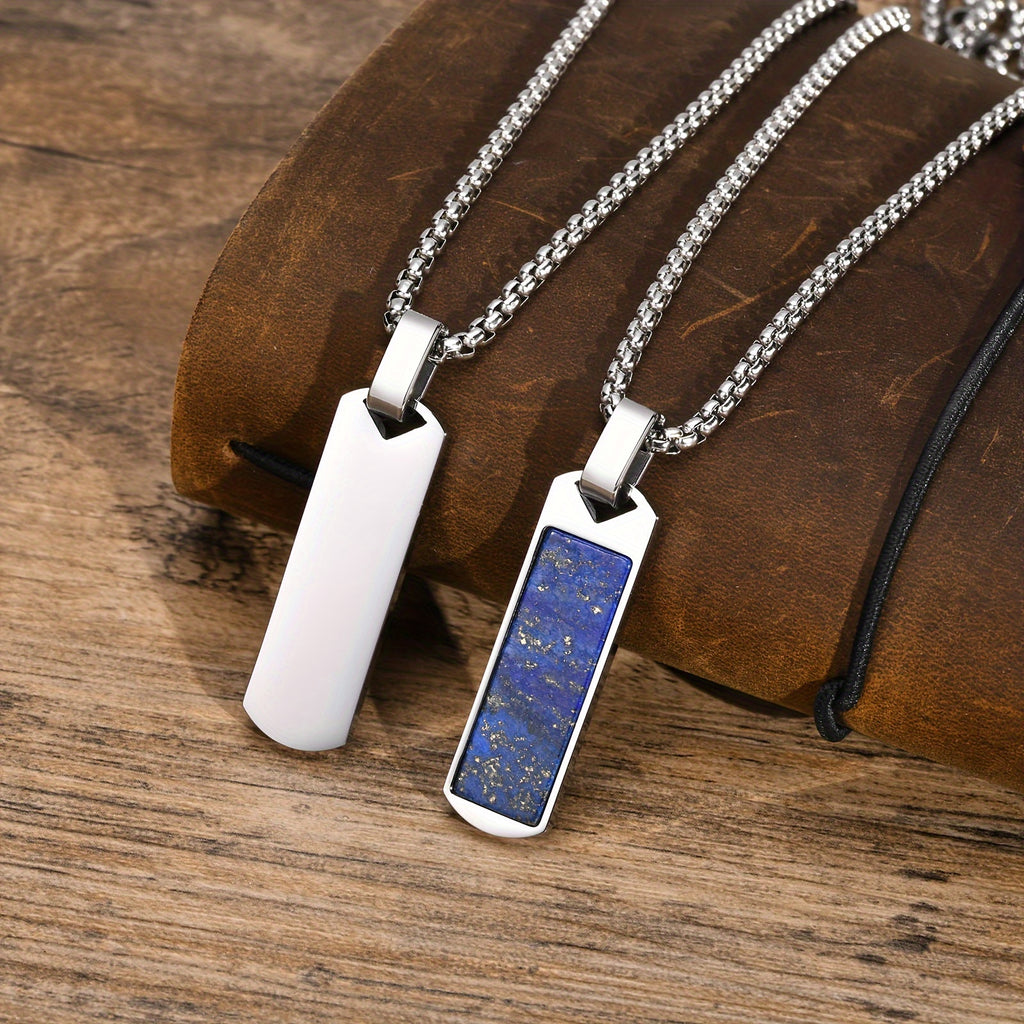 Men’s Natural Lapis Lazuli Bar Pendant Necklace – 304 Stainless Steel Rectangular Stone Jewelry Gift