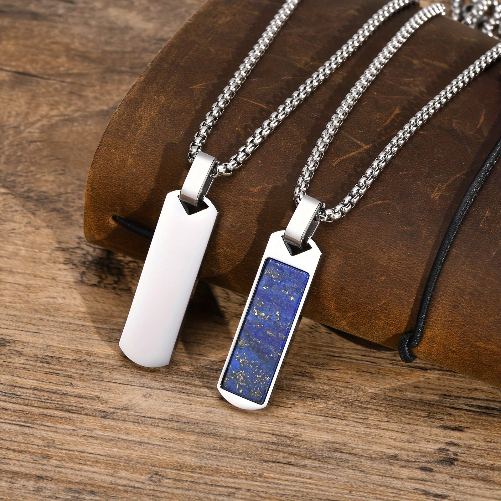 *Men’s Natural Lapis Lazuli Bar Pendant Necklace – 304 Stainless Steel Rectangular Stone Jewelry Gift