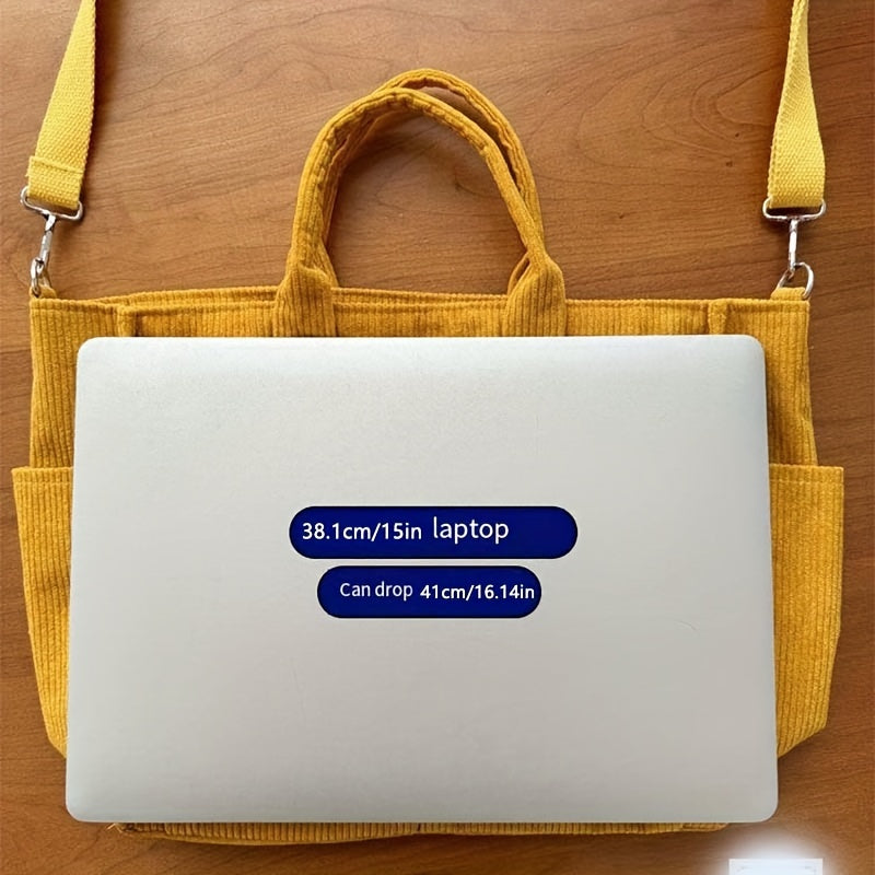Japanese Style Corduroy Tote Bag with Multiple Pockets – Large Capacity Casual Commuter Shoulder Bag for Autumn, Winter