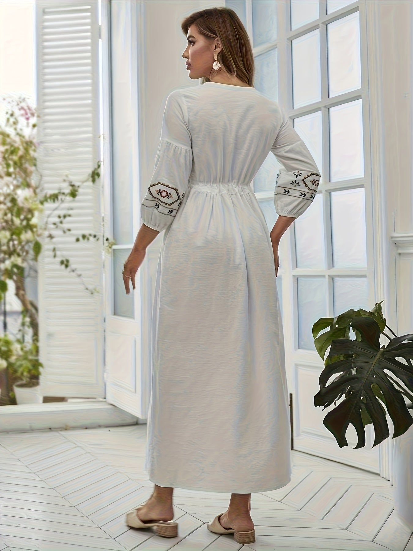 Embroidered Cotton Dress Women | Tie Neck Floral Boho Long Dress with Lantern Sleeves