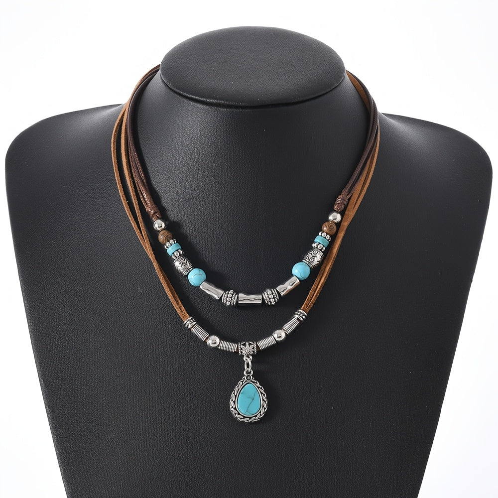 Bohemian Turquoise Multi-Layer Necklace with Braided PU Cord – Women’s Alloy Pendant Jewelry