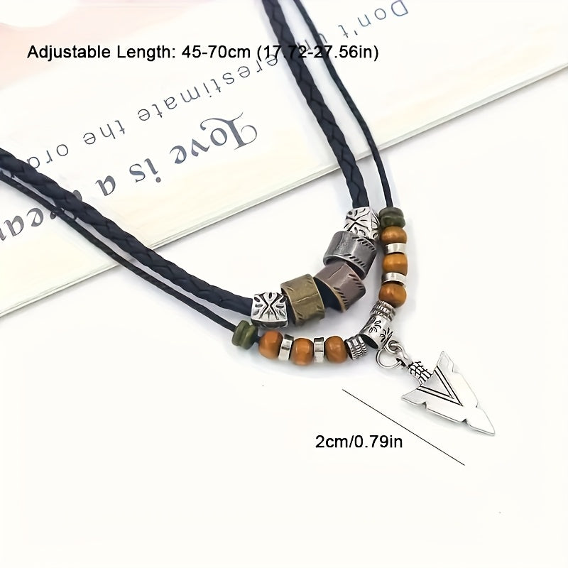 Men’s Vintage Tribal Arrow Necklace – Layered Synthetic Leather Cord Pendant, February Birthstone Valentine’s Gift