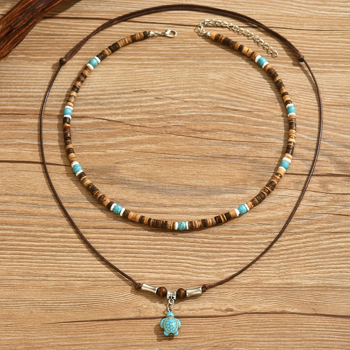 Men’s Bohemian Turtle Beaded Necklace Set (2pcs) – Wooden Beads with Turquoise; Coral Accents, December Birthstone Gift Jewelry