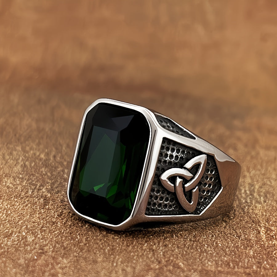Vintage Celtic Knot Stainless Steel Ring with Synthetic Zircon – Hip Hop Unisex Wedding Engagement Band (Green/Blue/Red/Black)