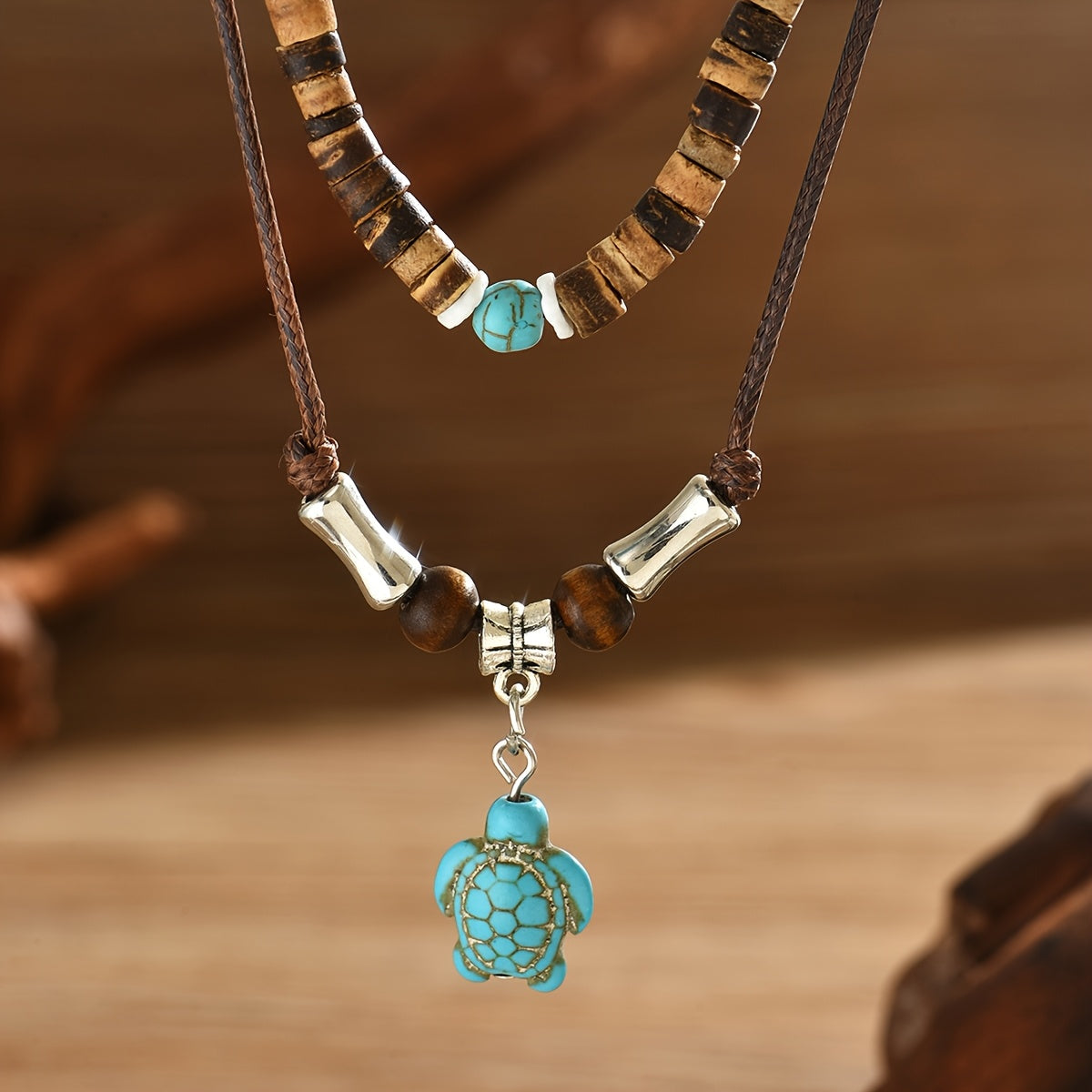 Men’s Bohemian Turtle Beaded Necklace Set (2pcs) – Wooden Beads with Turquoise; Coral Accents, December Birthstone Gift Jewelry