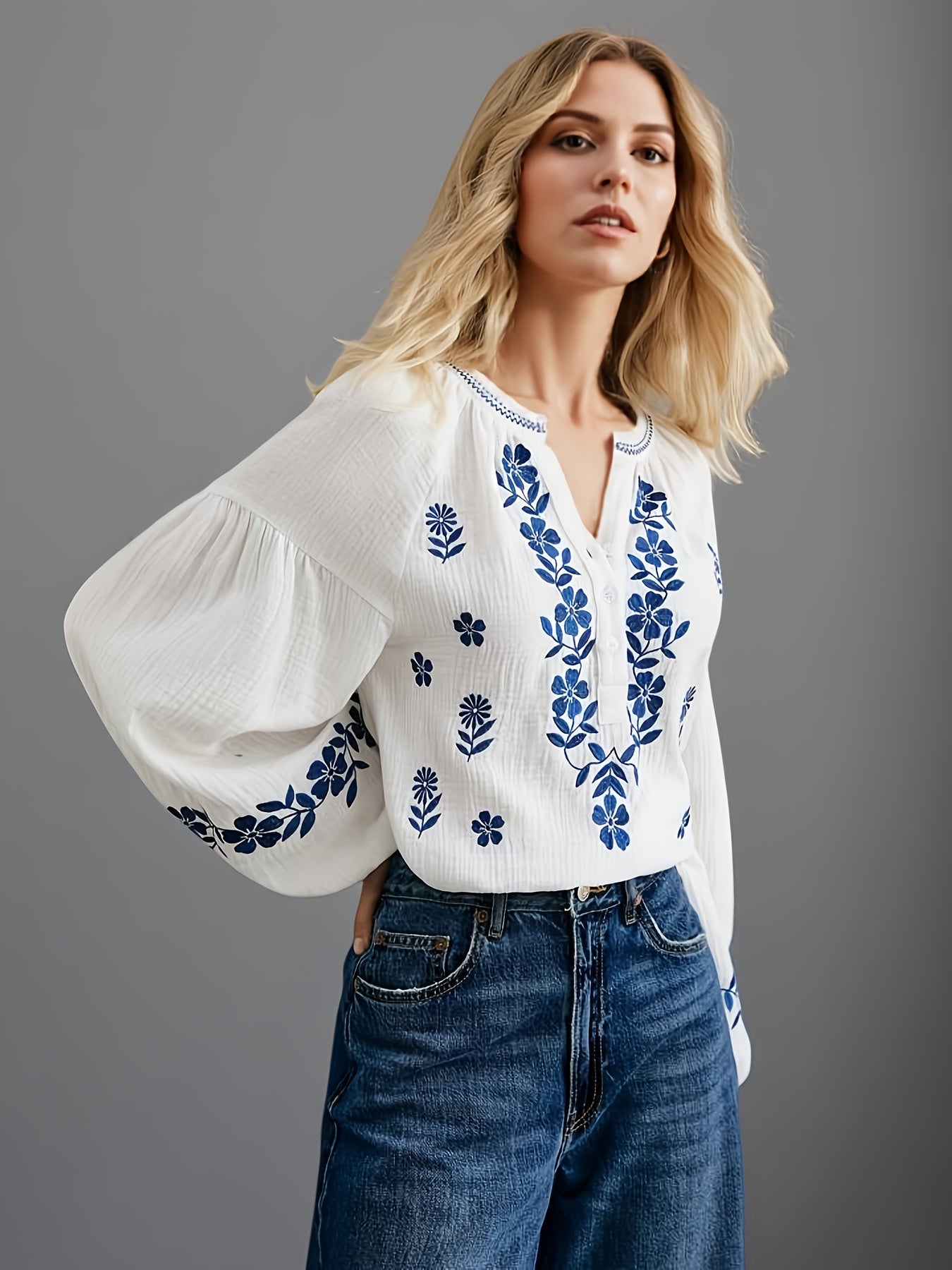 French Style Embroidered White Cotton Shirt for Women | Breathable Long Sleeve Casual Blouse