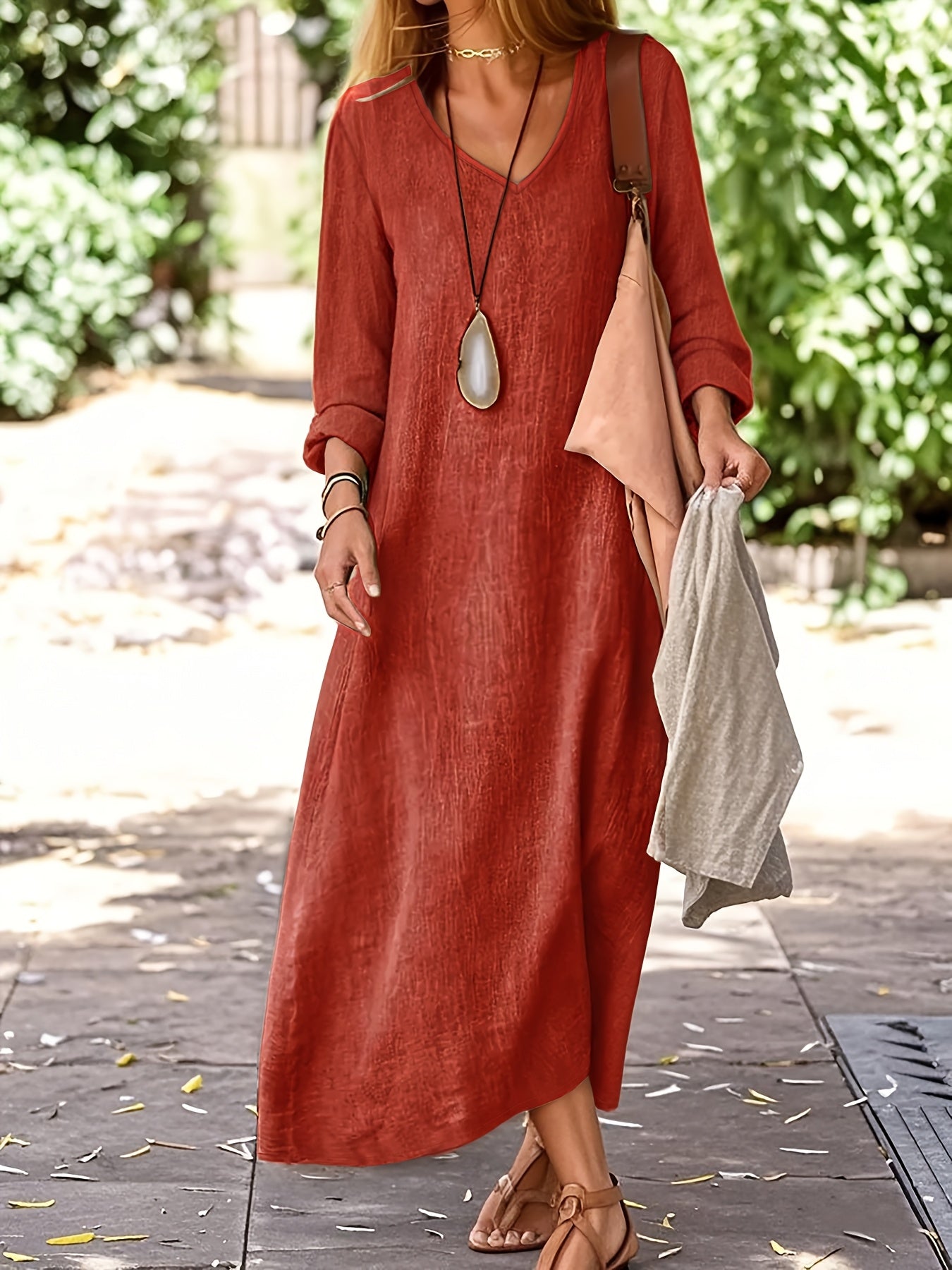 Linen V Neck Dress Women | Spring Autumn Long Sleeve Casual Vacation Dress Elegant A-Line