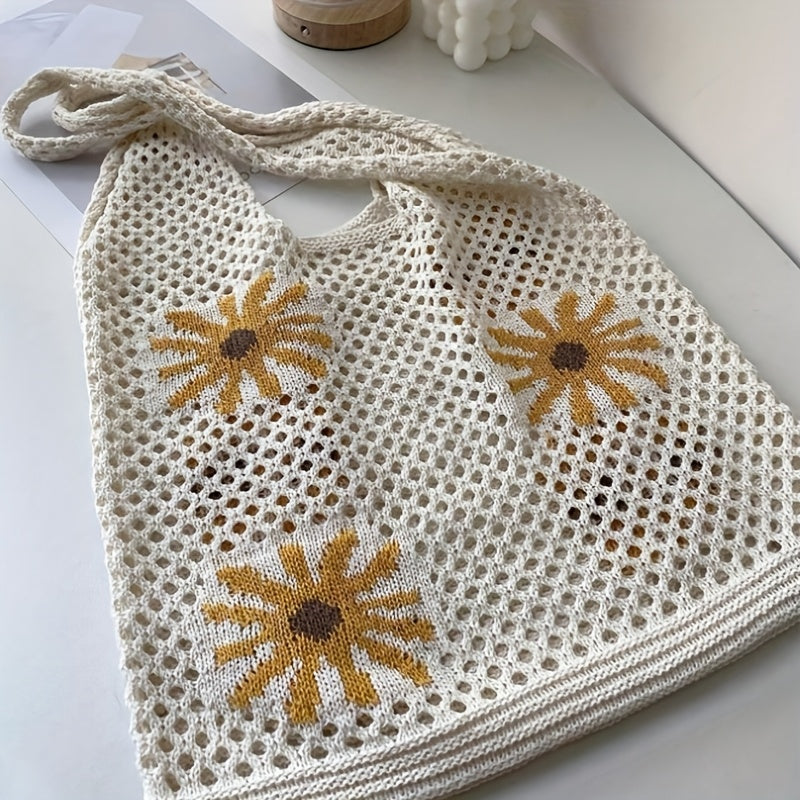 *Knitted Chrysanthemum Pattern Shoulder Bag – Jacquard Woven Floral Tote Bag for Women Casual Boho Style
