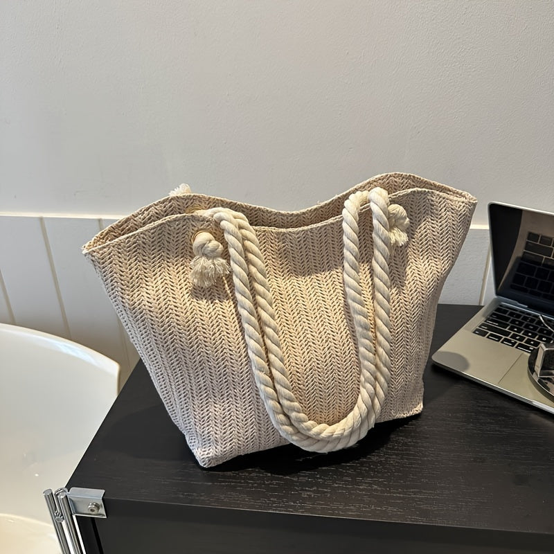 Large Capacity Woven Beach Tote Bag – Solid Color Pastoral Style Shoulder Bag for Vacation & Summer Travel