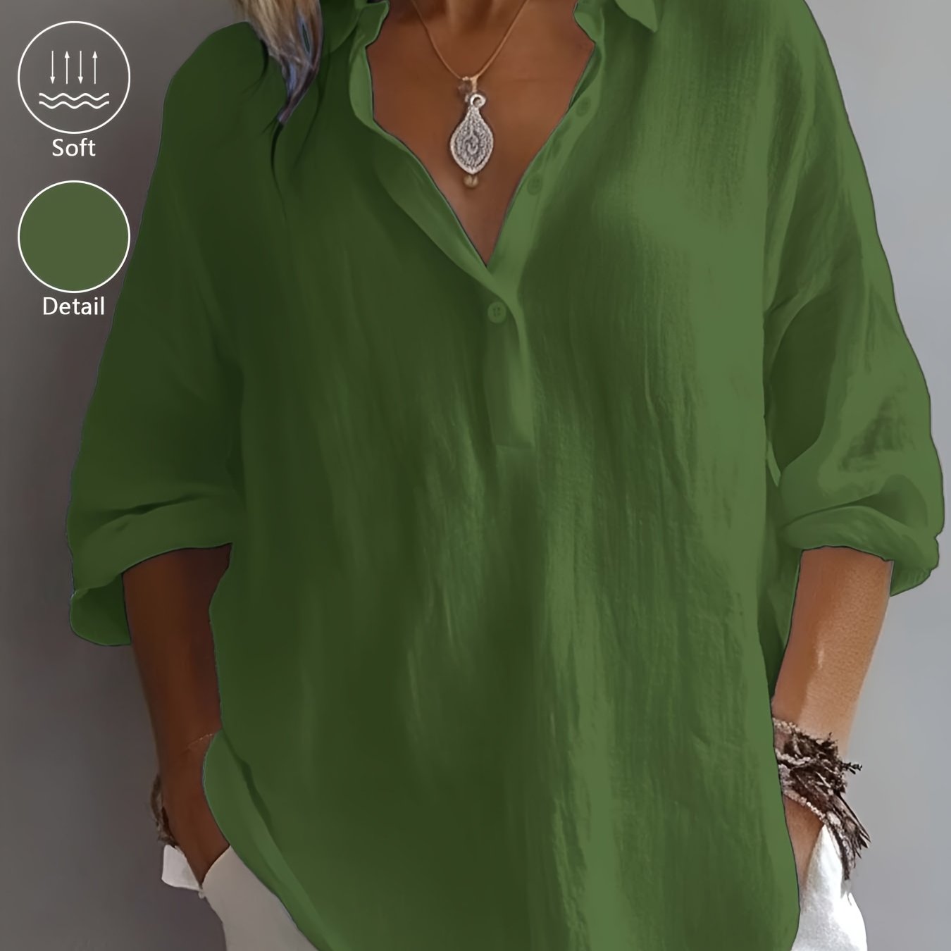 Women’s Classic Cotton Shirt – 3/4 Sleeve Button-Up Lapel Collar Blouse for Office & Casual Wear