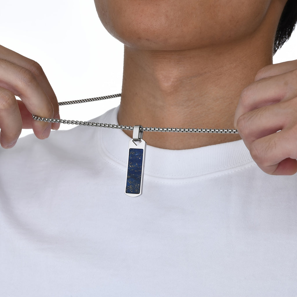 Men’s Natural Lapis Lazuli Bar Pendant Necklace – 304 Stainless Steel Rectangular Stone Jewelry Gift