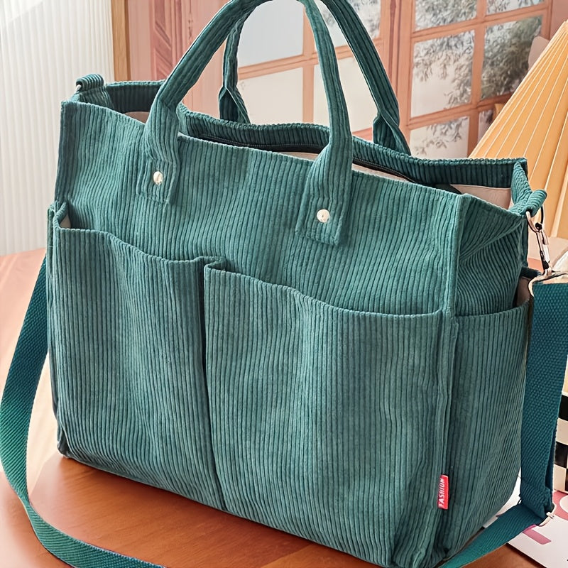 Japanese Style Corduroy Tote Bag with Multiple Pockets – Large Capacity Casual Commuter Shoulder Bag for Autumn, Winter