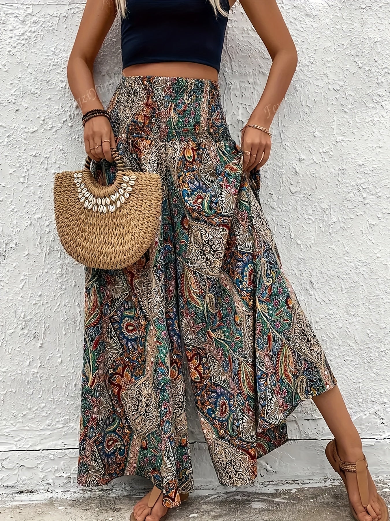Bohemian Style Wide Leg Pants Women | High Waisted Elastic Casual Trousers for Spring Summer Autumn